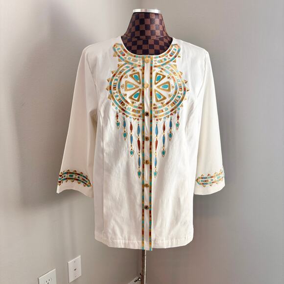Bob Mackie Aztec Jacket Womens Large White Embroidered Blouse Southwestern Boho